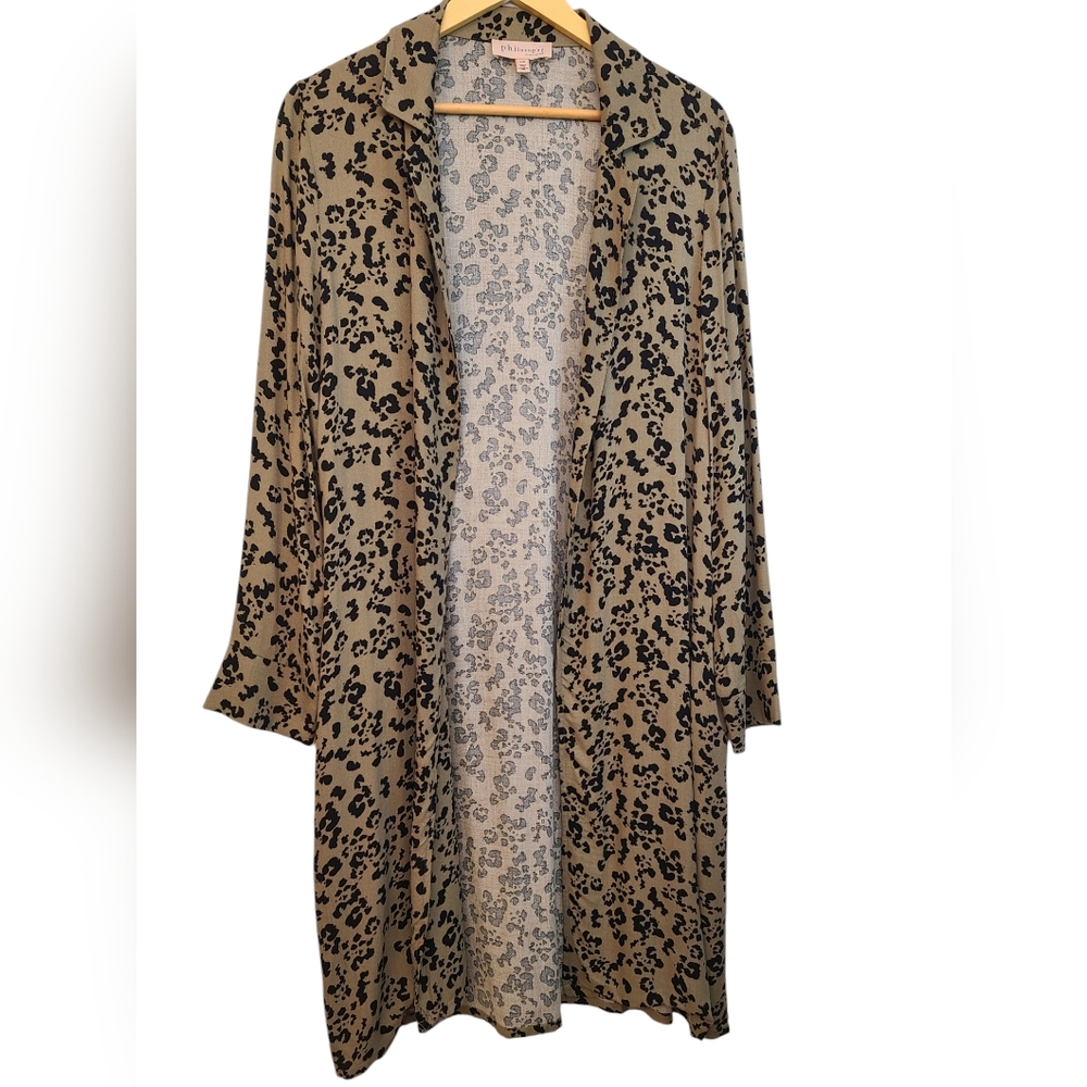 Philosophy 100% Rayon Olive Leopard Long Cardigan Size Large - Picture 3 of 5